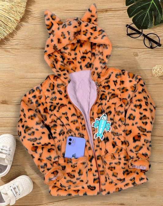Fur Full Sleeves Hooded Fur Jacket with leopard Design