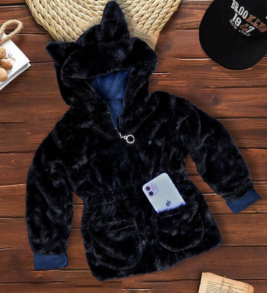 Fur Full Sleeves Hooded Fur Jacket with Black Solid Design