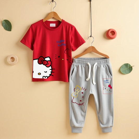 Classic T-Shirt with Track Pants - Red & Grey Melange