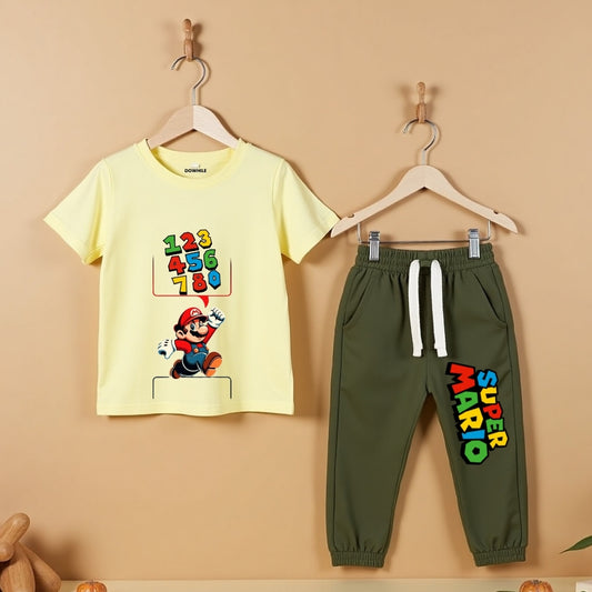 T-Shirt & Track Set Printed Style- Yellow & Military Green