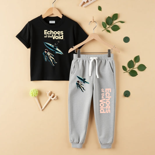 Casual Vibes Tee & Pant Set-Black & Grey Melange