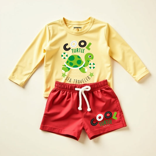 Cute Printed Tee and Shorts Set-Yellow & Red