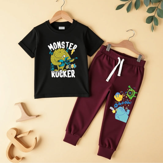 Casual Vibes Tee & Pant Set-Black & Maroon