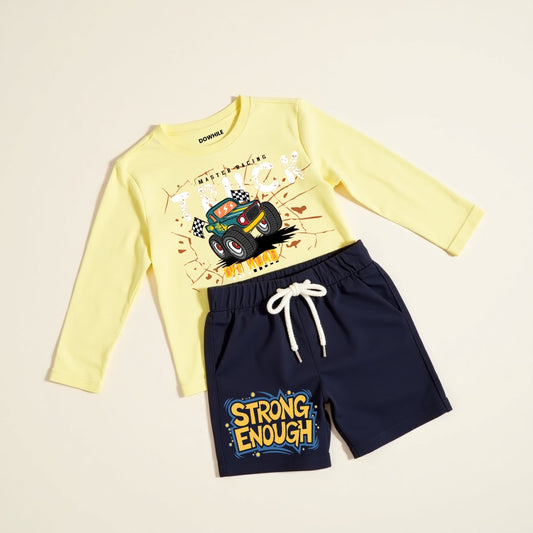 Cute Printed Tee and Shorts Set-Yellow & Navy