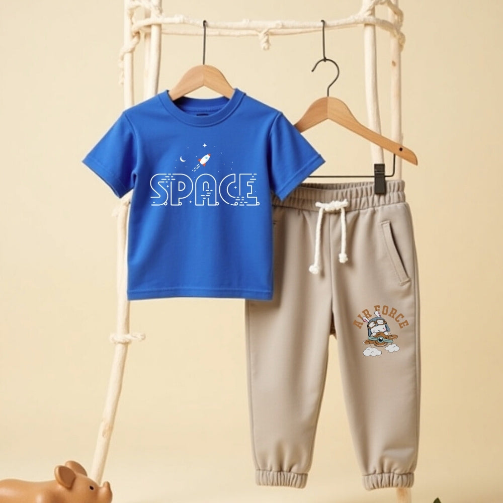 Playful Prints T-Shirt & Track Set (Royal Blue & Beige)
