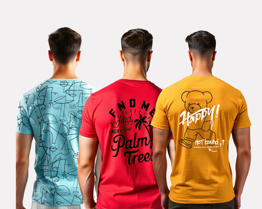 Men's 3-Pack Printed Round Neck Cotton T-Shirts