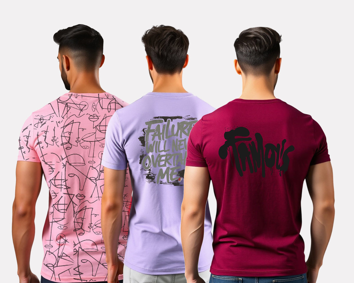 Men's 3-Pack Printed Round Neck Cotton T-Shirts