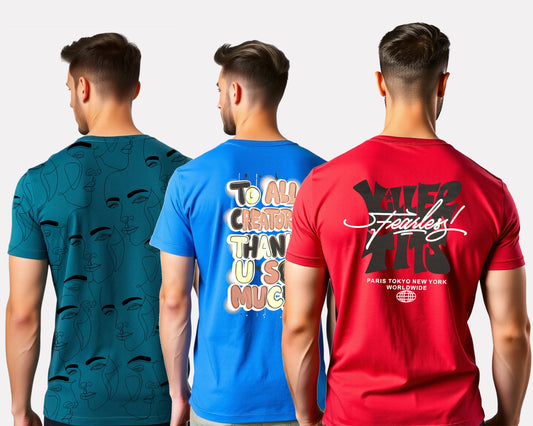 Men's 3-Pack Printed Round Neck Cotton T-Shirts