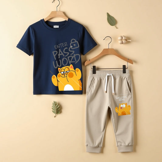 Casual Vibes Tee & Pant Set - Navy & Beige