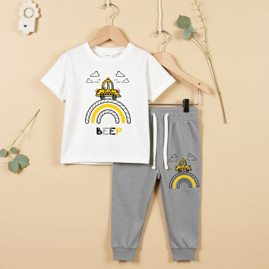Casual Vibes Tee & Pant Set - White & Grey Melange