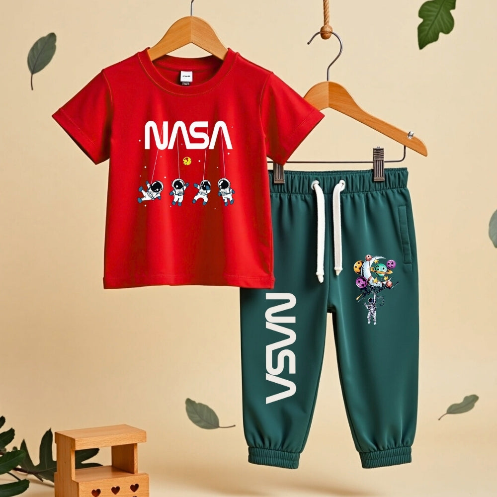 Playful Prints T-Shirt & Track Set (Red & Mint Green)
