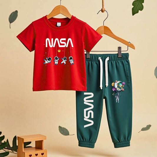 Playful Prints T-Shirt & Track Set (Red & Mint Green)