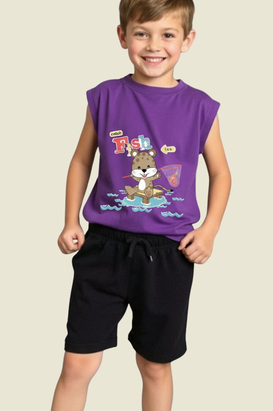 Kids Printed Sleeveless T-shirt with Shorts