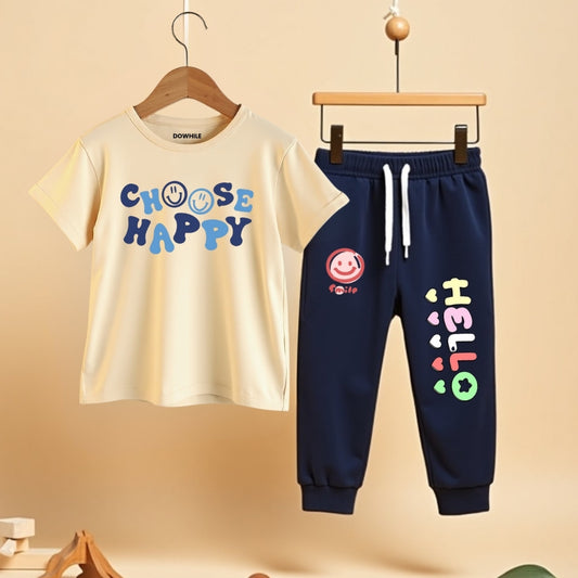 T-Shirt & Track Set Printed Style- Beige & Navy