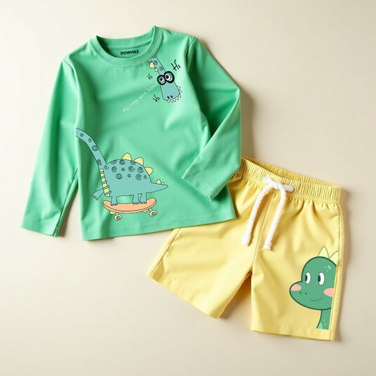 Full Sleeve T-Shirt & Shorts Set - Mint Green & Yellow