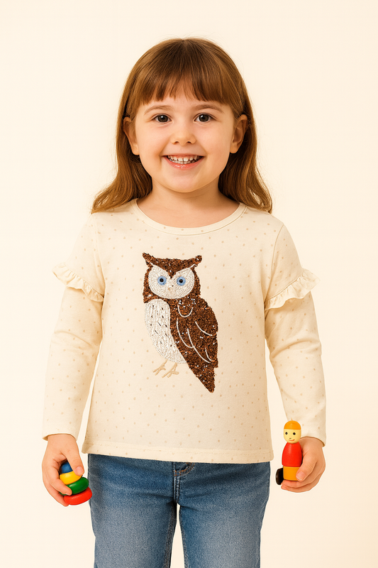 Girls Top Sequin Owl Jersey