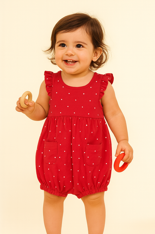 Cotton Knit Frill Sleeves Romper printed