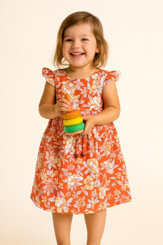 Girls Midi/Knee Length Casual Dress  (Orange, Short Sleeve)