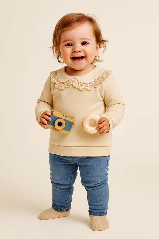 Girls jumper sand color collar embroidery