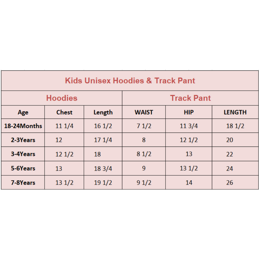 Size Chart for Comfy Printed Hoodie and Pant Duo Grey Melange Set