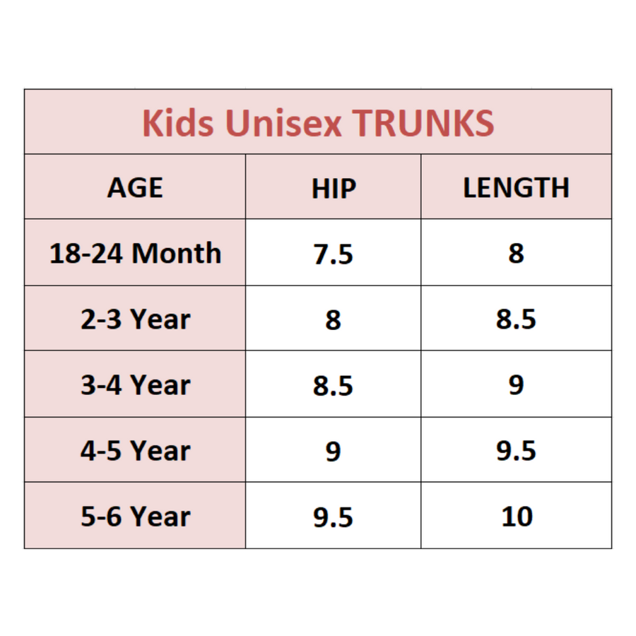 Size Chart for 4-Pack Cotton Trunks for kids