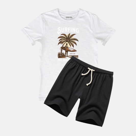Boys White Melange T-shirt Black shorts Set
