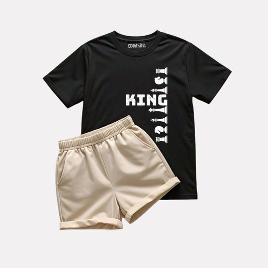 Black Printed T-shirt with Beige Shorts Set