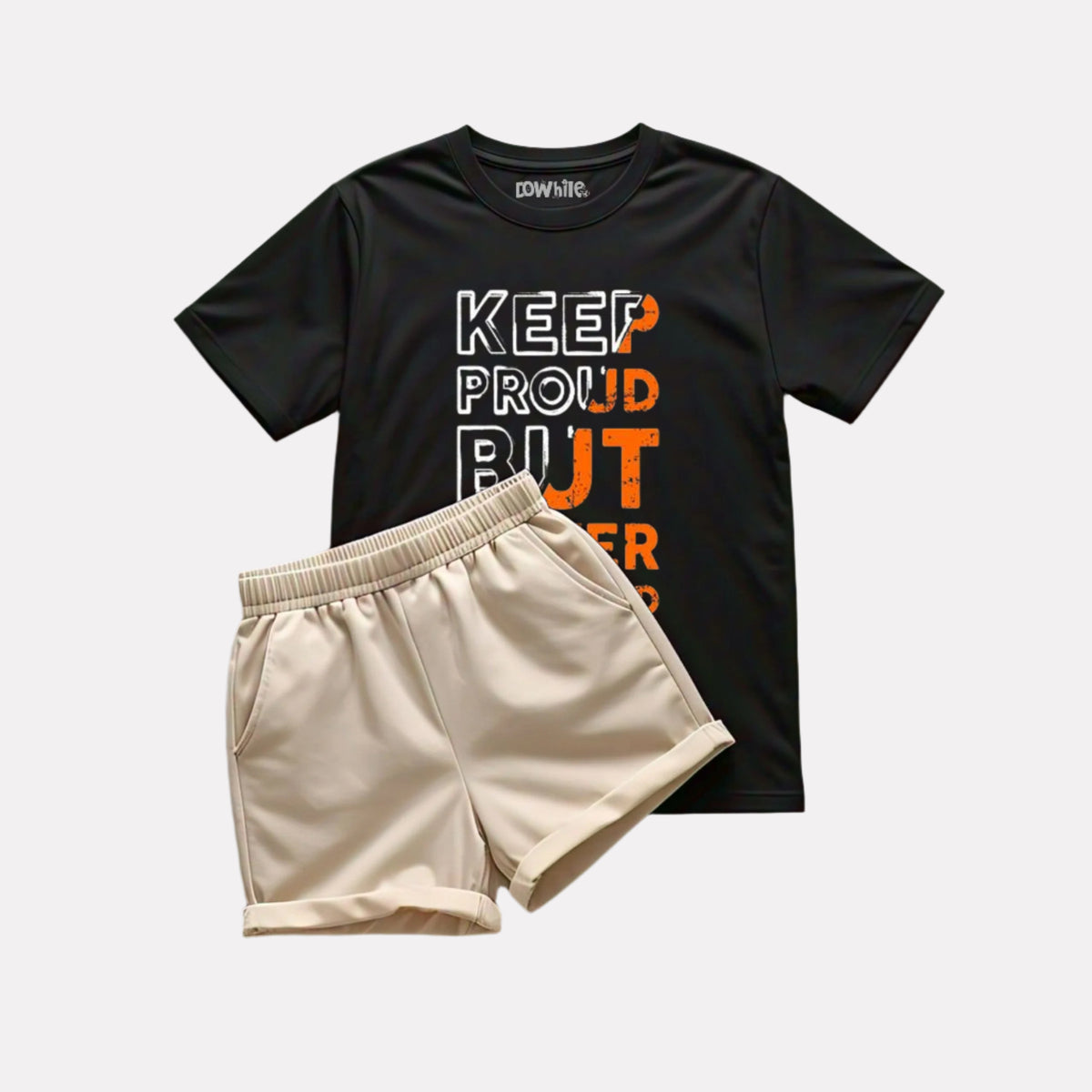 Black Printed T-shirt with Beige Shorts Set