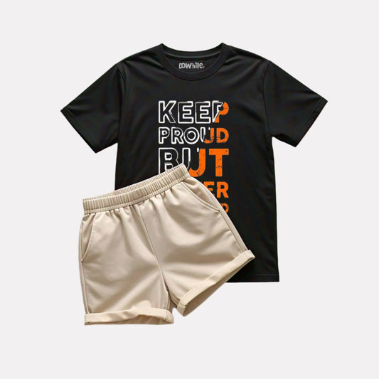 Black Printed T-shirt with Beige Shorts Set
