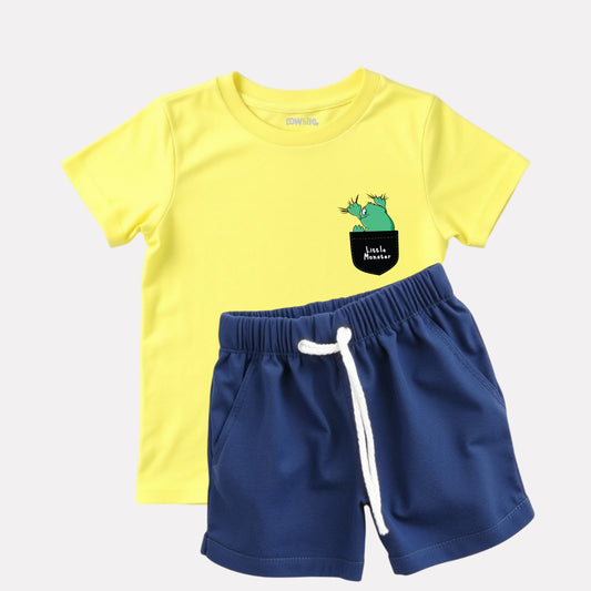 Yellow T-Shirt Printed with Navy Blue Shorts Set