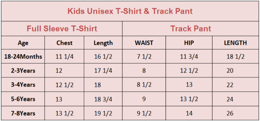 Size Chart for Comfortable Full Sleeve Tee & Track Pants