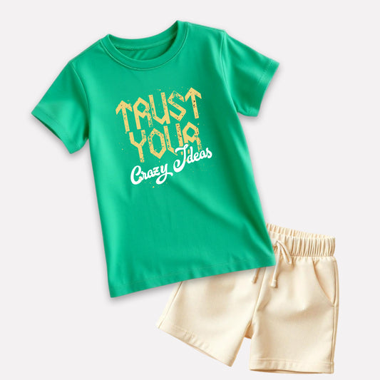 Boys Green Printed T-Shirt with Beige Shorts set