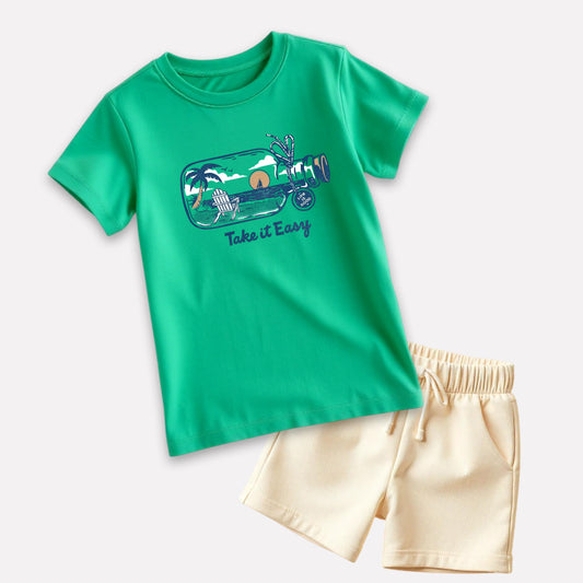 Boys Green Printed T-Shirt with Beige Shorts set