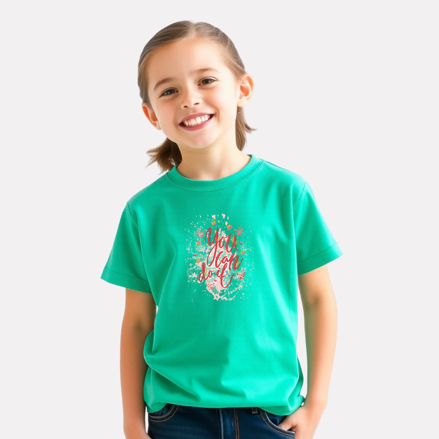 Green Color Graphic Print T-Shirt For Girls