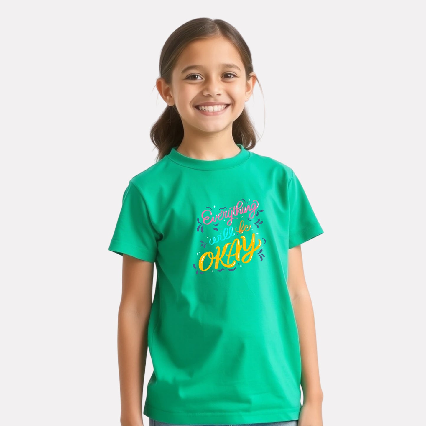 Green Color Graphic Print T-Shirt For Girls