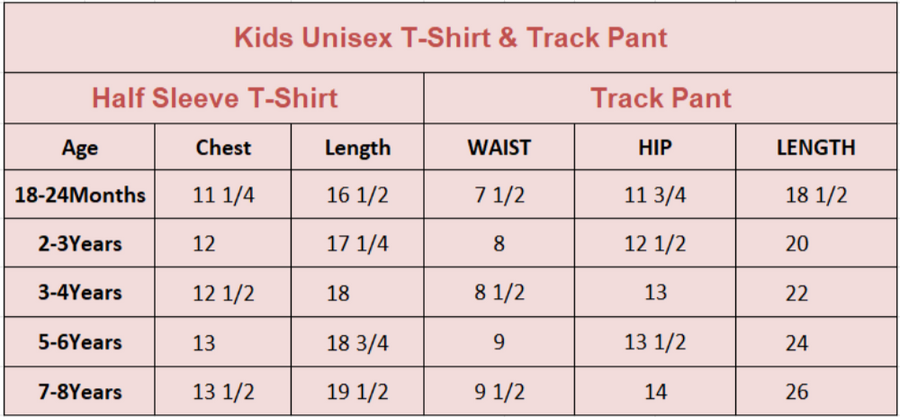 Size Chart for Playful Prints T-Shirt & Track Set (Royal Blue & Black)