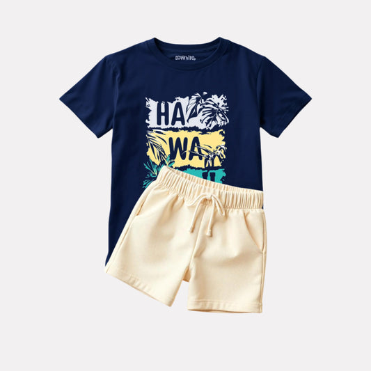 Navy Blue Printed T-Shirt with Beige Shorts Set