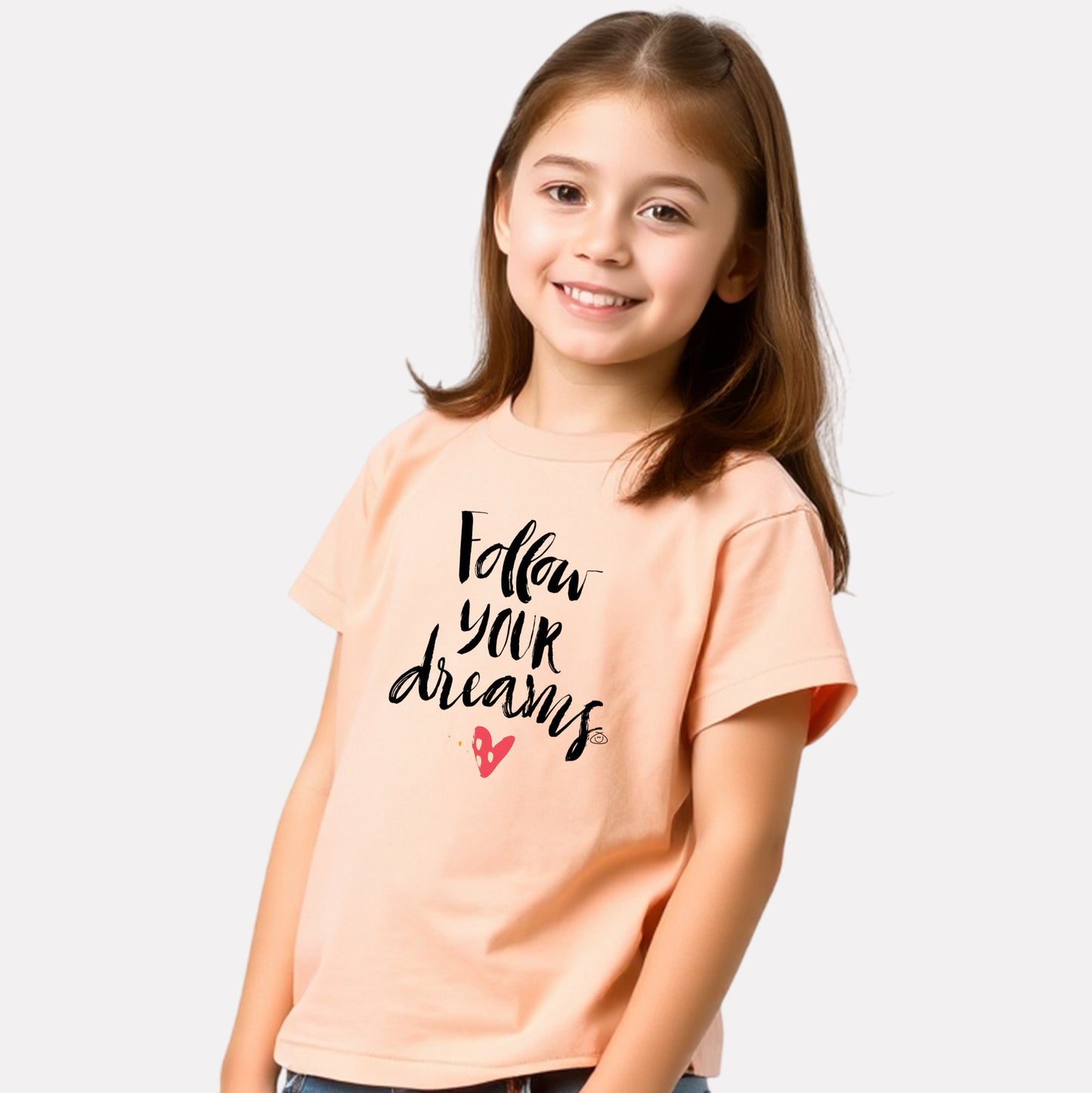 Girl Printed Regular Fit Peach Cotton T-Shirt