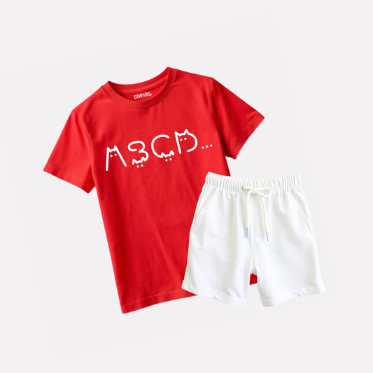 Red Printed T-Shirt with White Melange Shorts Set