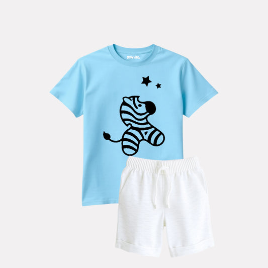 Printed T-shirt with White Melange Shorts Set