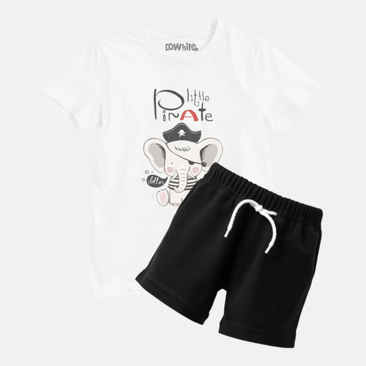 Boys White Printed T-shirt with Black Shorts Set