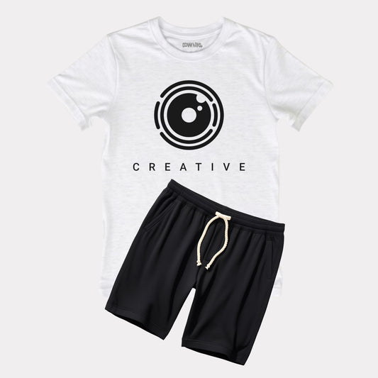 Boys White Melange T-shirt Black shorts Set
