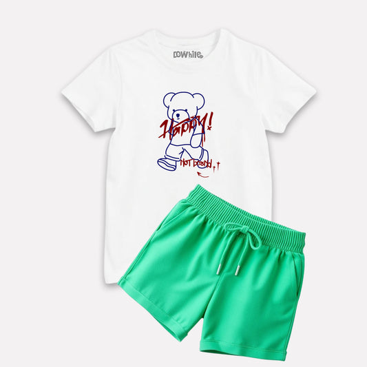 White Printed T-Shirt with Green Shorts Set