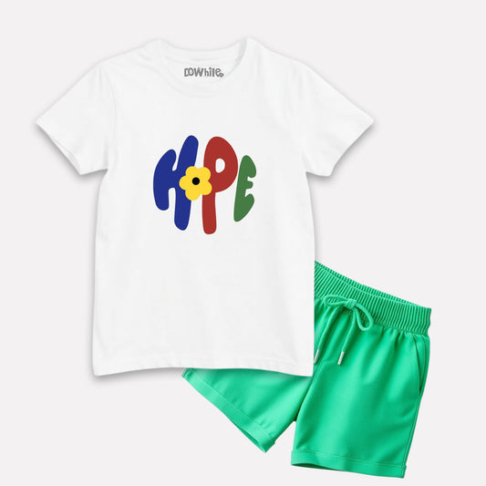 Girls White Printed T-Shirt with Green Shorts Set
