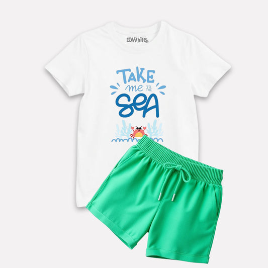 White Printed T-shirt with Mint Green Shorts Set