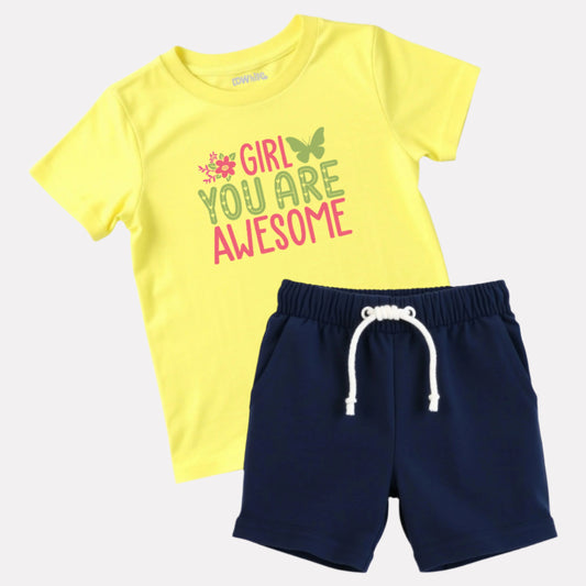 Girls Yellow Printed T-Shirt with Navy Shorts Set