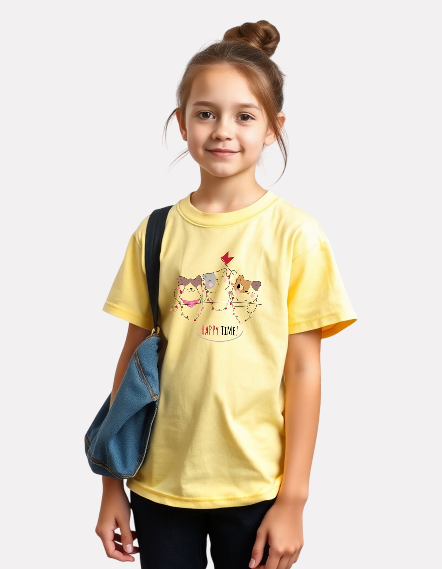 Printed light yellow Cotton T-Shirt for Girls