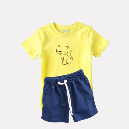 Yellow Printed T-shirt with Navy Blue Shorts Set