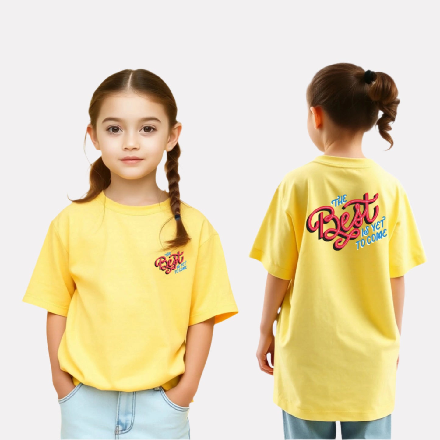 Girls Printed Extended Sleeves Oversized Cotton T-shirt (Yellow Color)