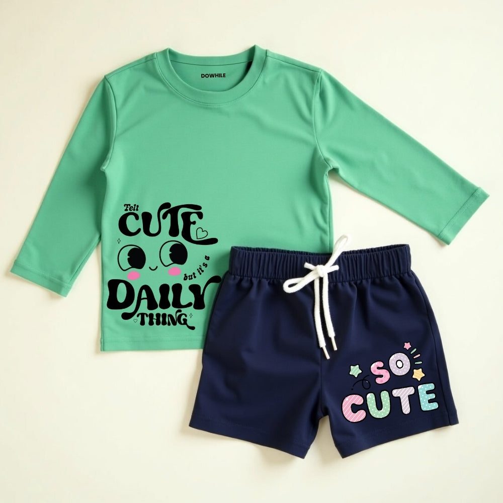 Full Sleeve T-Shirt & Shorts Set - Mint Green & Navy